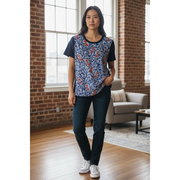 Tory Burch Women’s Linen Parrot Print Short Sleeve Top Blue Red Size Small - Picture 2 of 5